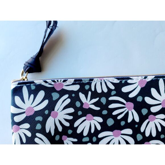 Brand New Two Navy Floral Green Abstract Prints Cosmetic Bag Purse NWOT 6"L - Picture 5 of 12